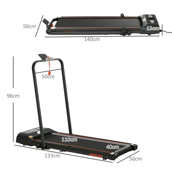 Folded-out black walking treadmill with front wheels and handle height dimensions