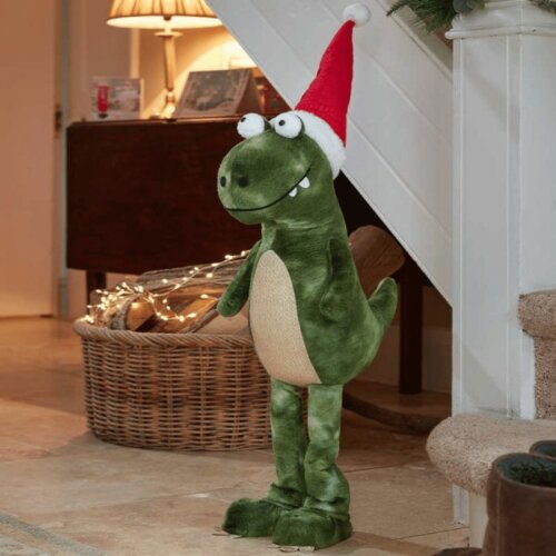 Samuel Alexander 85cm Tall Green Plush Big Lizard Dino Standing Christmas Decoration with Santa Hat
