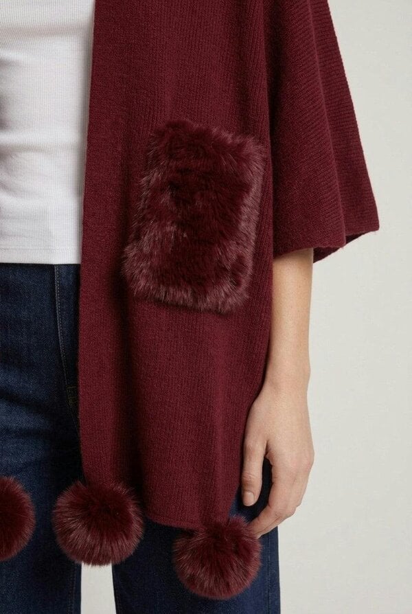 Izabel London Faux Fur Trim Tie Front Relaxed Poncho