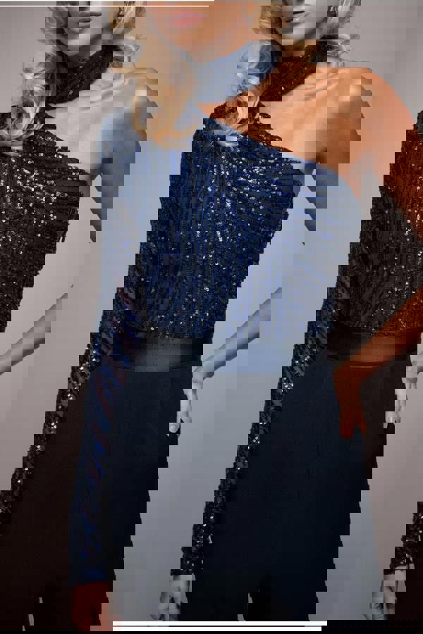 One Shoulder Sequin Jumpsuit - Navy TR293