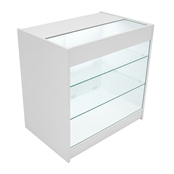 LED retail shop counter K900 in sleek white finish, featuring a glass display top and two glass shelves for showcasing products