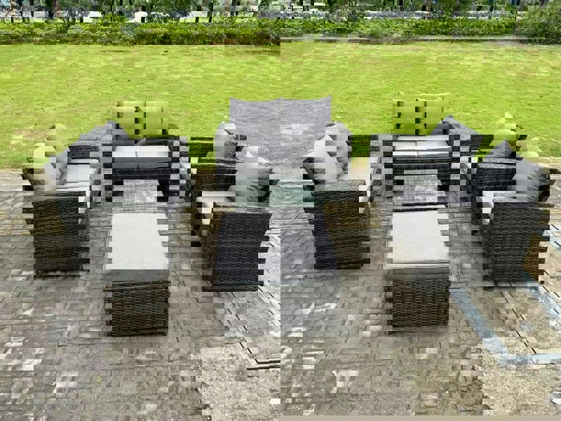 Fimous 7 Seater Dark Grey Mixed High Back Rattan Sofa Set Square Coffee Table Garden Furniture 2 Seater Sofa Chairs Outdoor Patio