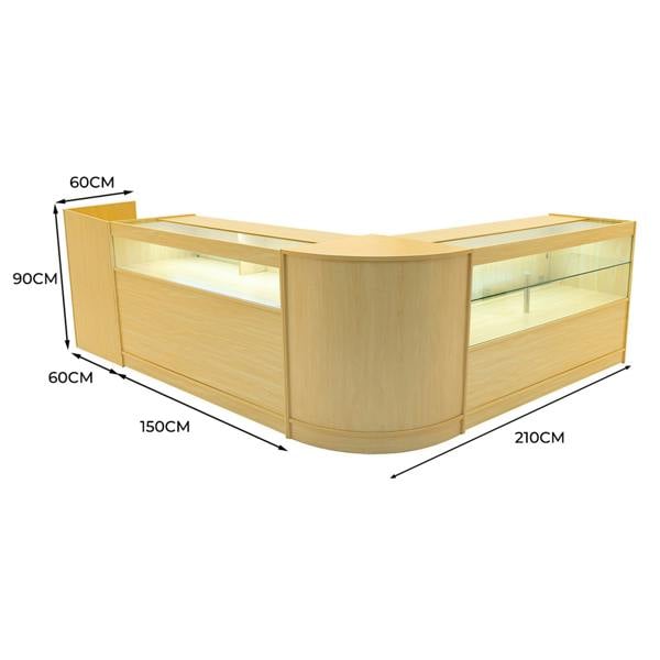 Gravity LED Shop Counter Set in maple finish, featuring a modern curved design, glass display areas, and dimensions of 150cm by 210cm