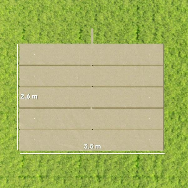 Beige pergola canopy replacement fabric panel with tie strings, marked 3.5 m x 2.6 m