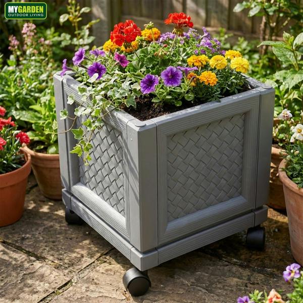My Garden Outdoor Living My Garden Square Planter with Wheels - Rattan Style Plastic Garden Planter Pot for Indoor & Outdoor Use with Air Vent