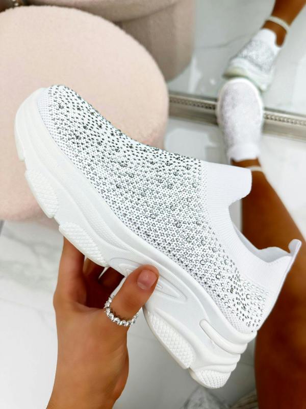 Crystal Comfort Sporty Sock Stretch Trainers White finished with rhinestone embellished