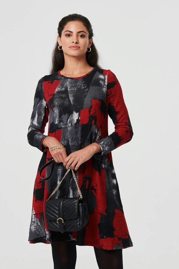 Red | Printed Long Sleeve Short Shift Dress
