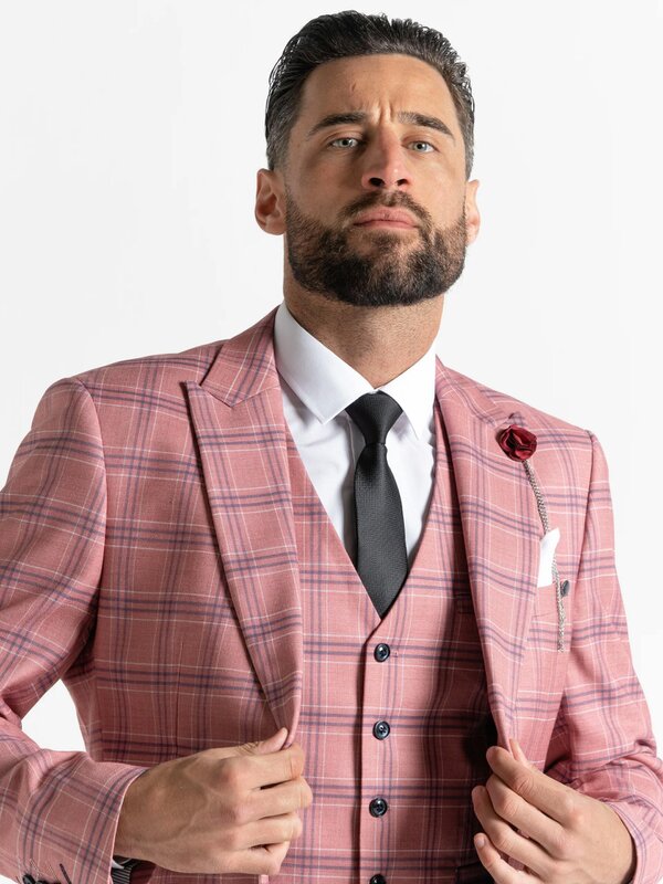 V2 Classic Kensignton Three Piece Suit - Rose with White and Navy Blue Checks