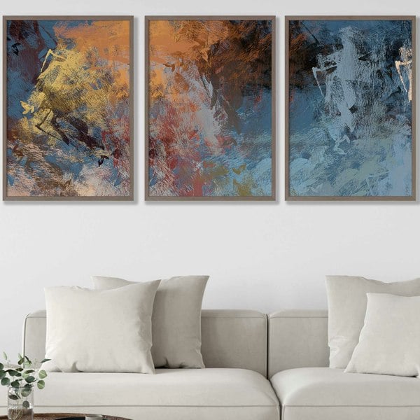 Artze Wall Art Set of 3 Abstract Blue and Orange Framed Wall Art Prints