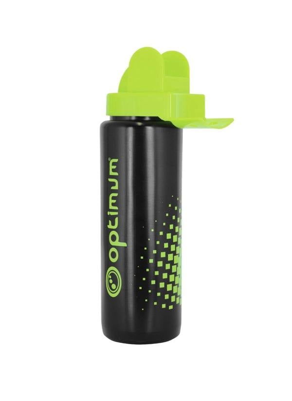 Black Optimum aqua spray water bottle with green flip cap and green pixel print, upright on white - Optimum