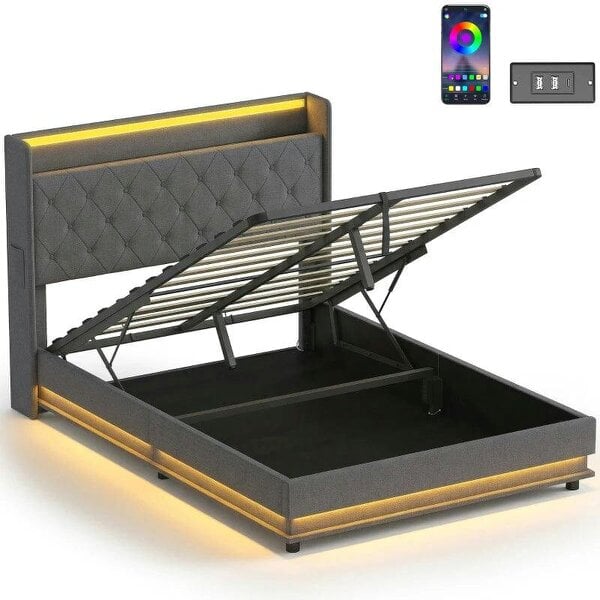 4ft6 Double Bed Frame with Headboard, Platform Bed Frame with Hydraulic Storage, LED Lights and Charging Station, Grey