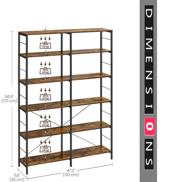 Modcraft 6-Tier Industrial Bookshelf with Steel Frame – Rustic Brown & Ink Black Tall Storage Shelf, 120 cm Wide