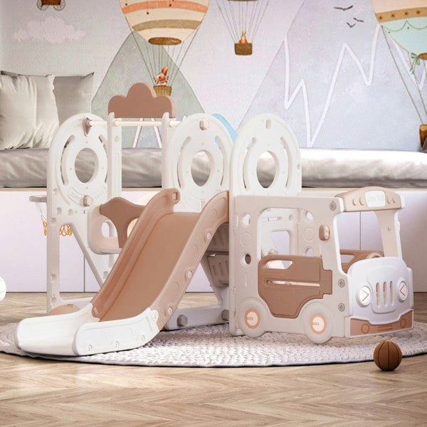 3-in-1 Kids Toddler Swing and Slide Set Climber Playset Swing & Slide Living and Home Khaki and Beige