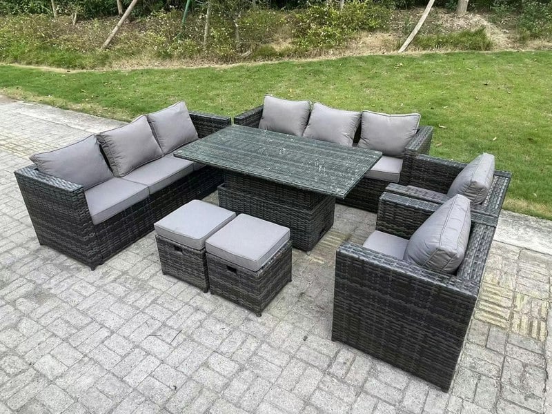 Fimous 10-Seater Dark Grey Wicker PE Rattan Outdoor Sofa Set | Adjustable Rising Dining Table, 2 Armchairs, 2 Stools, 2 Side Tables