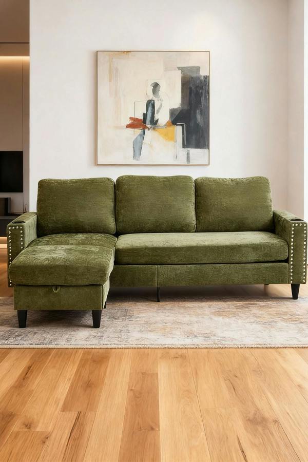 Polyester Upholstered L-Shaped 3-Seater Sectional Sofa with Ottoman