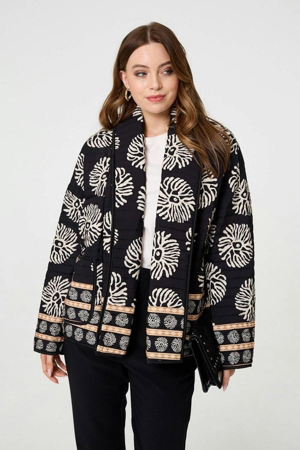 Black | Printed Padded Open Front Jacket
