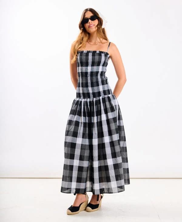 Black Check Bandeau Midi Dress