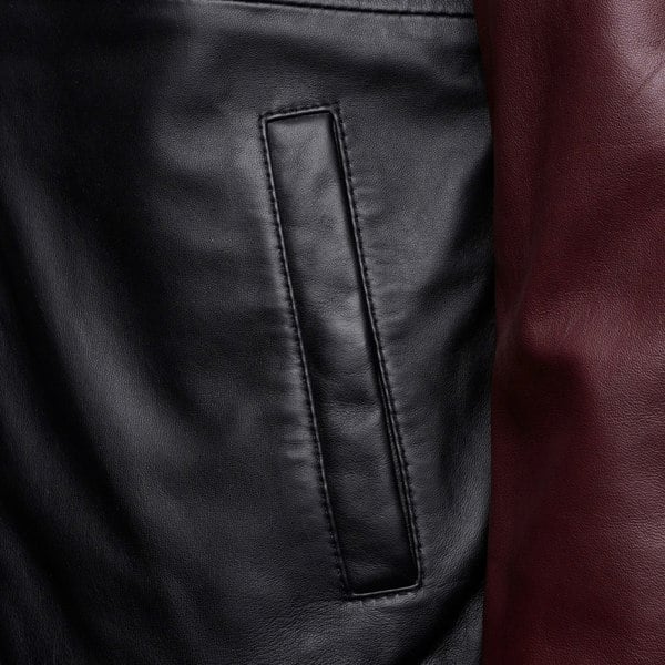Barneys Originals Men's Real Leather Varsity Jacket in Black and Maroon