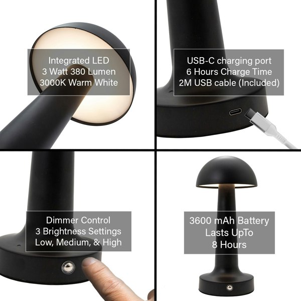 Matt Black Rechargeable LED Touch Dimmable Table Lamp with Metal Shade Image 5