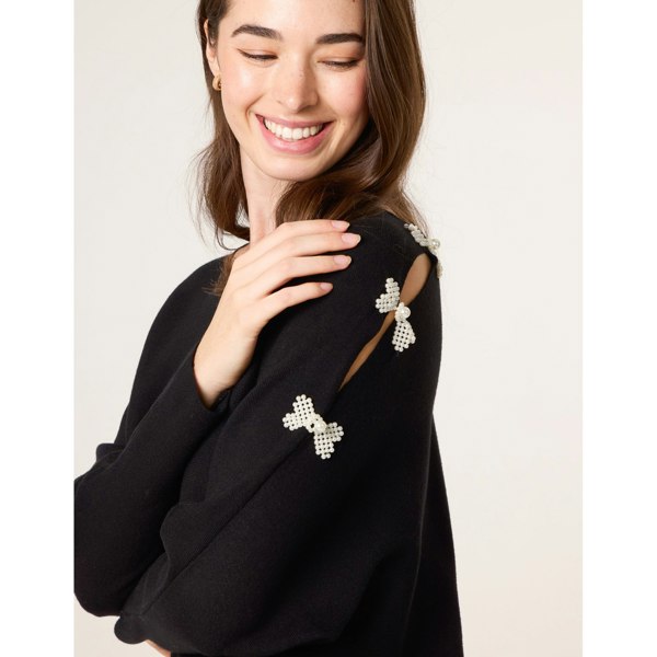 Blue Vanilla V-Neck Batwing Shoulder Pearl Detailing Jumper