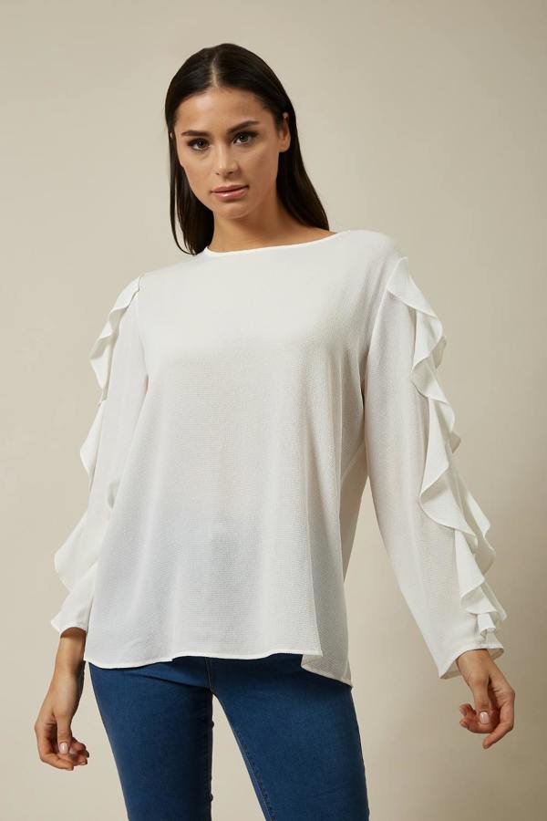 Hoxton Gal Oversized Ruffle Sleeve Relaxed Fit Top In White
