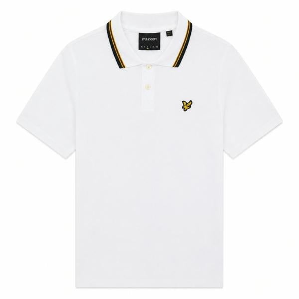 White Lyle & Scott polo shirt with a black and yellow tipped collar, two-button placket, and signature eagle logo.