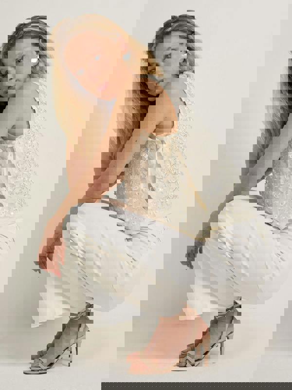 GWD Imara Floral Embroidery, Sheer Mesh Sparkle Top