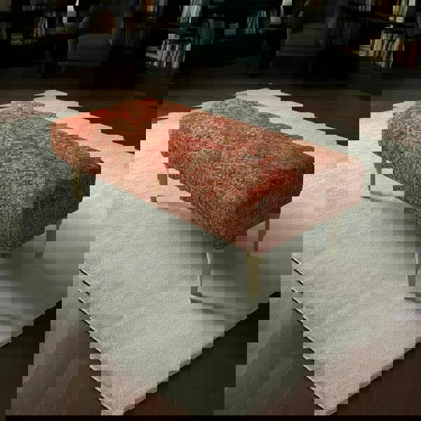 Designer hallway seating bench with artistic multi-toned upholstered fabric and sleek wooden legs