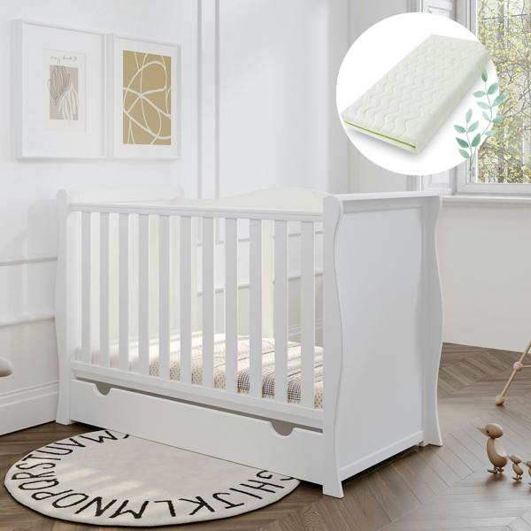 Viculii Willow Sleigh Mini Cot Bed White with Drawer and Bamboo Mattress