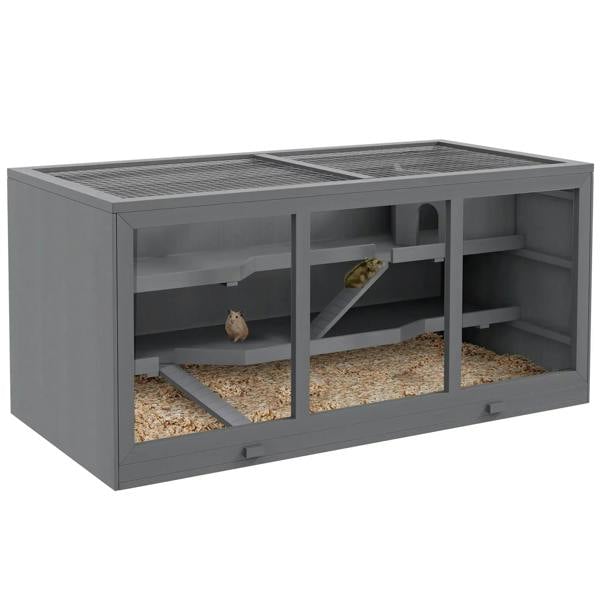 Grey wooden hamster cage with open front panels and interior shelves