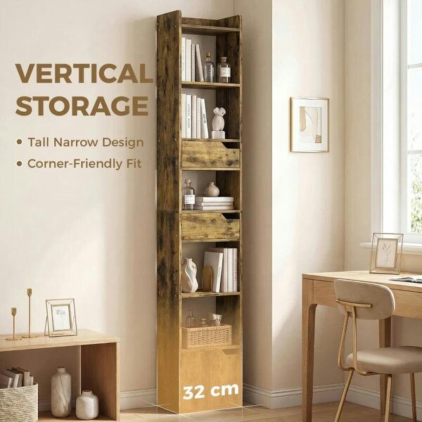 Bookcase Tall Narrow with 5 Tiers and Drawers Freestanding Bookshelf Storage Cabinet for Living Room Rustic Brown