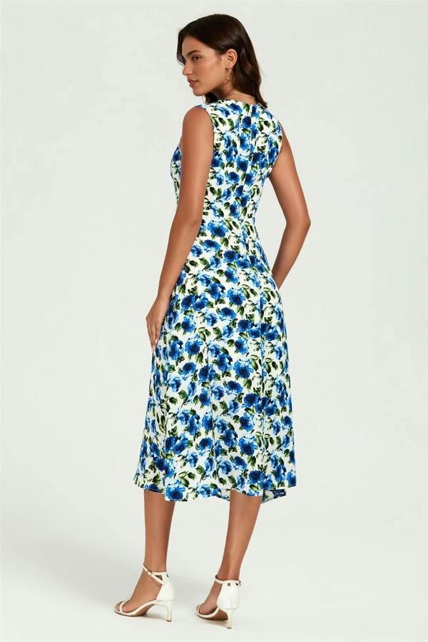 FS Collection Blue Floral Print Heart Neck Midi Dress
