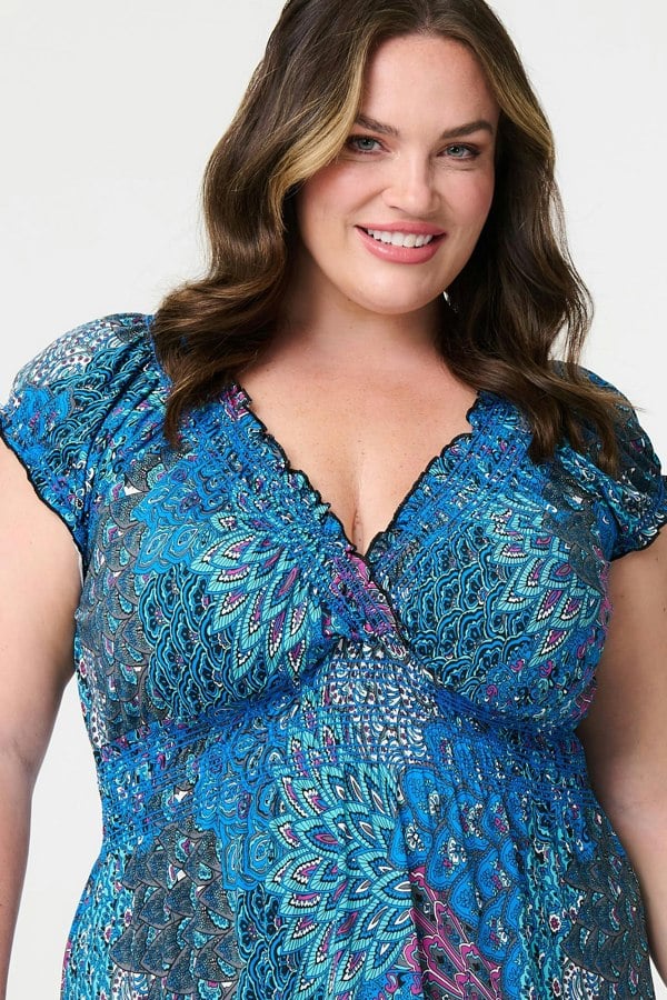 Blue | Peacock Print V-Neck Maxi Dress