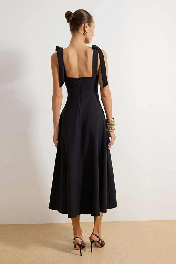 WOVCOR Tie Strap Midi Dress with Sweetheart Neckline