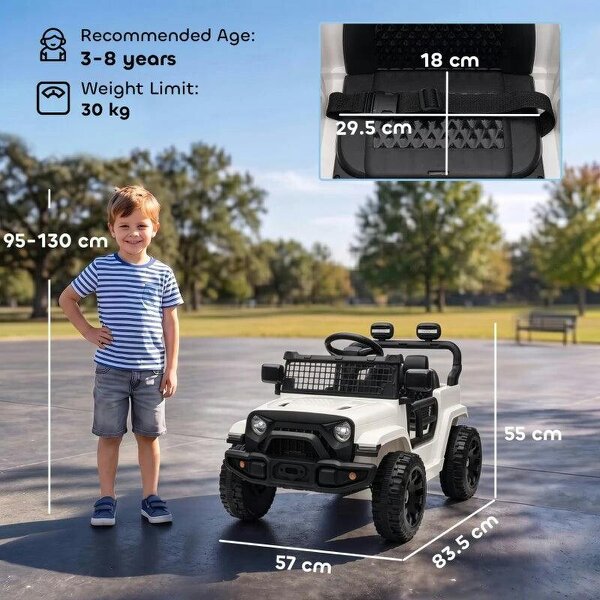 12V Electric Car for Kids with Remote, Dual Motors, Rear Suspension, Soft Start, Music, Lights for 3-8 Years, White