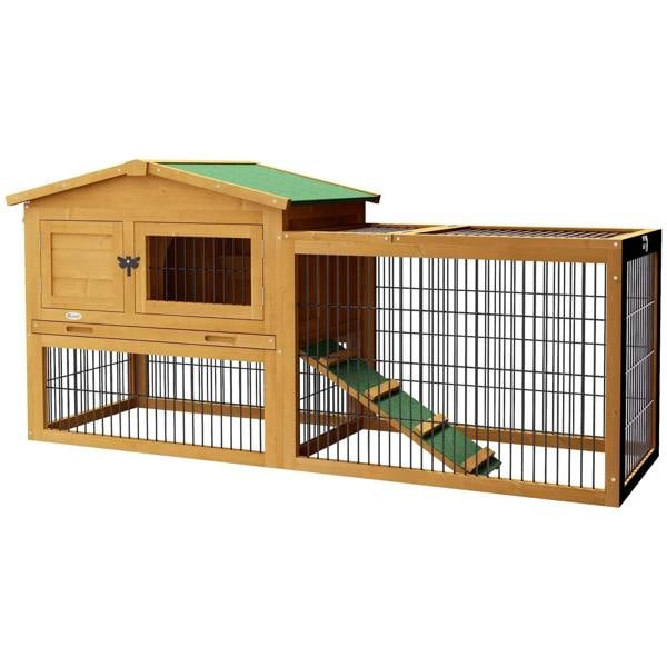 Wooden rabbit hutch with outdoor run, green roof panel, and wire-mesh front doors