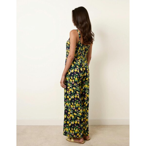 Blue Vanilla Lemon Print Front Tie Jumpsuit