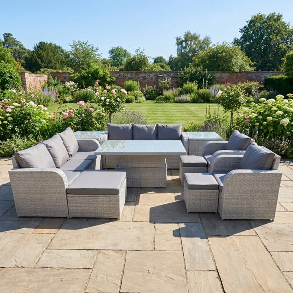 Fimous 11 Seater Rattan Garden Furniture Set with Adjustable Height Table, 2 Sofas, 2 Reclining Chairs, 3 Stools, 2 Side Tables - Light Grey