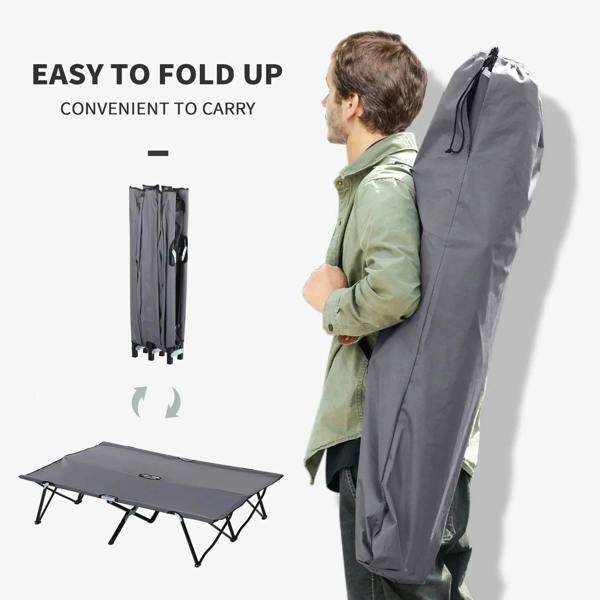 Grey camping cot bed with carry bag, folded cot and upright transport view
