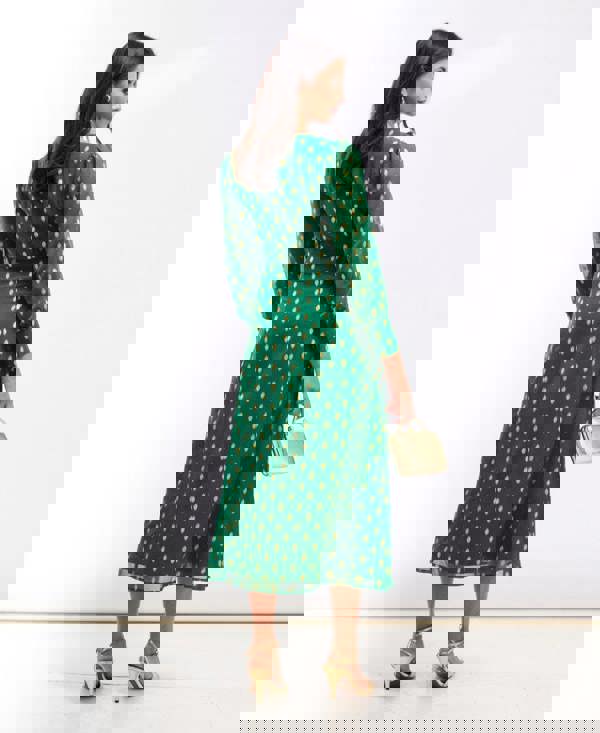 Needs No Label Green Foil Long Sleeve Plunge Midaxi Dress