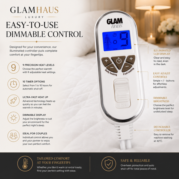 GlamHaus Double Size Electric Blanket - Fitted Mattress Bed Cover - White Diamond Quilted - Settings for Feet and Body, Timer