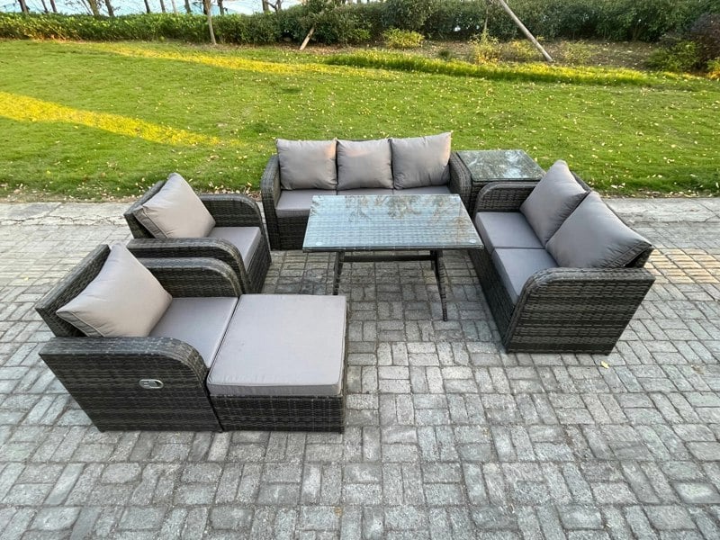 Fimous 8 Seater High Back PE Rattan Outdoor Dining Set - Reclining Chair, 3-Seater Sofa, Loveseat & Side Table