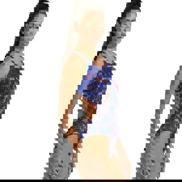 TYR Montipora Durafast Elite Cutoutfit Swimsuit in purple orange with galaxy print