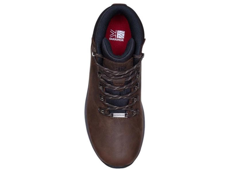 Karrimor Mendip 4 Mens Walking Hiking Lace Up Trek Leather Boots, brown leather hiking boots with black and gray laces, waterproof feature, shown from a top view.