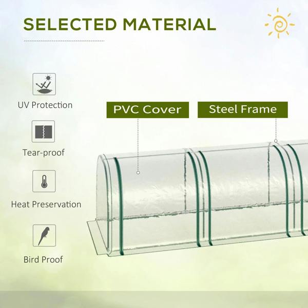 Clear PVC tunnel greenhouse cover on green steel frame, arched end and side bays