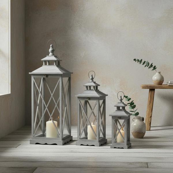 Wyld Haus Set Of Three Grey Wooden Lanterns With Glass Panel and Traditional Cross Section
