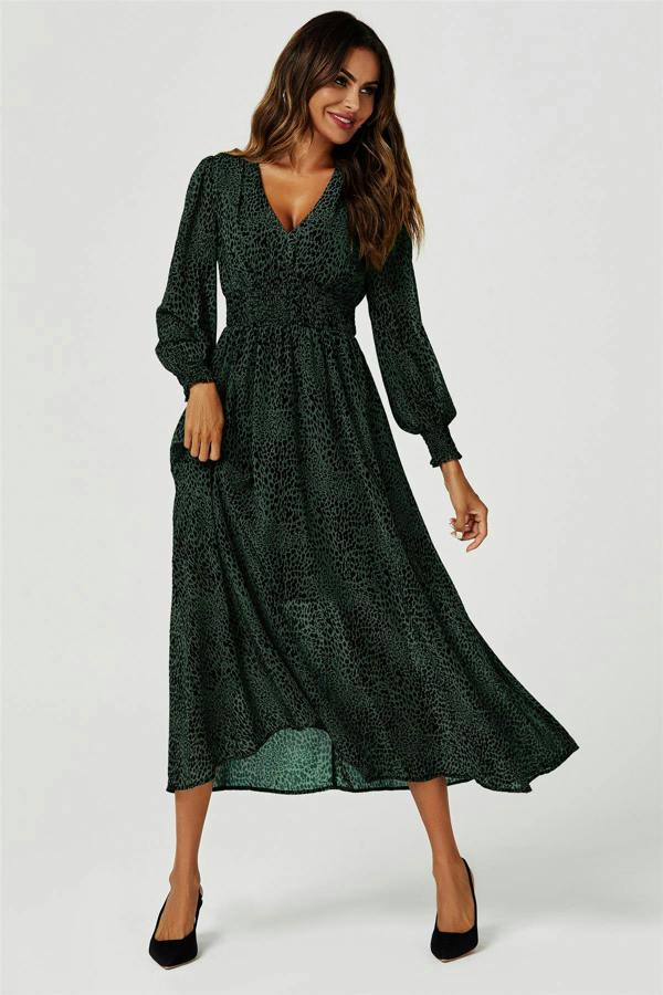 FS Collection Leopard Print Long Sleeve Maxi Dress In Green
