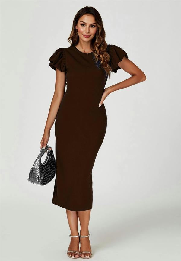 FS Collection Volume Sleeve Bodycon Midi Dress In Espresso