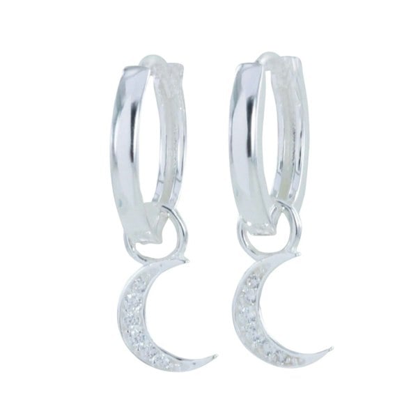 Crescent Moon Sterling Silver Pavé Hoop Earrings - Reeves & Reeves