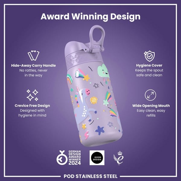 ION8 Leak Proof Kids Water Bottle, Stainless Steel, Purple Unicorns, 400ml (13oz)